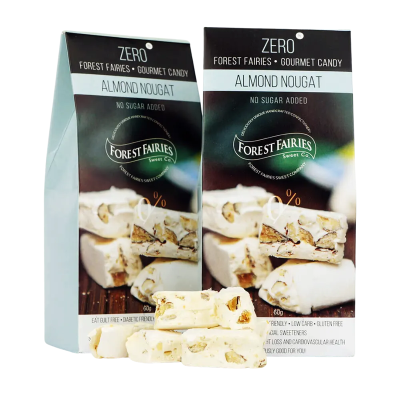 Two packages of Forest Fairies Zero Sugarfree Keto Almond Nougat on a transparent background