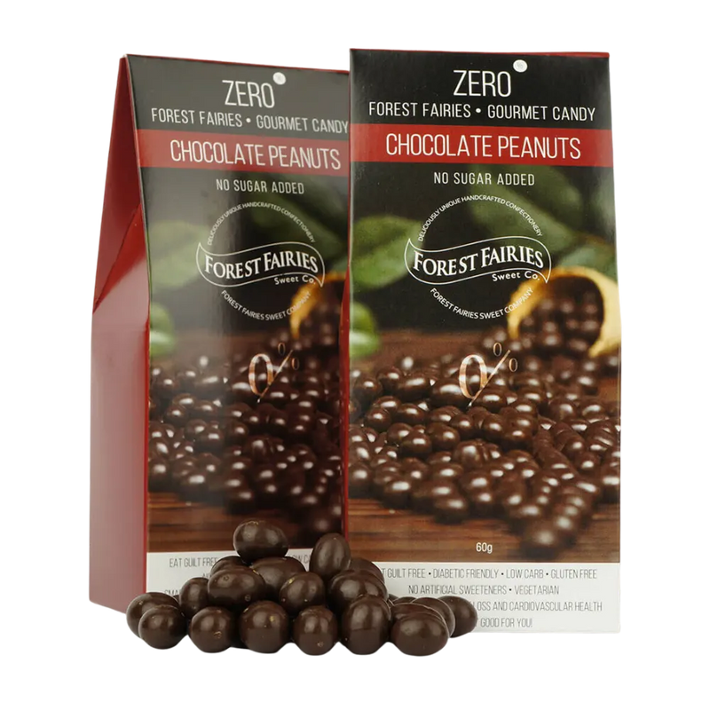 Two packages of Forest Fairies Zero Sugarfree Dark Chocolate Peanuts on a clear background