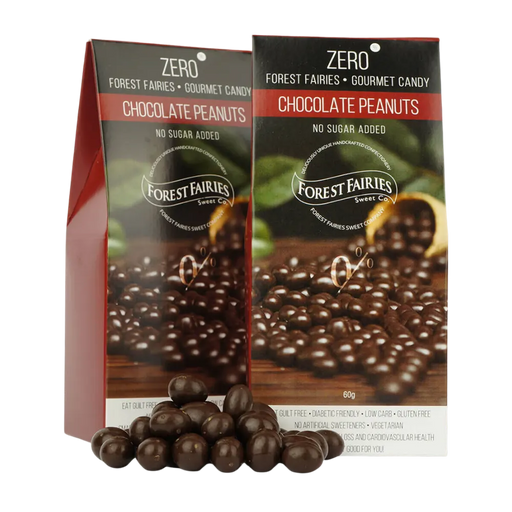 Two packages of Forest Fairies Zero Sugarfree Dark Chocolate Peanuts on a clear background