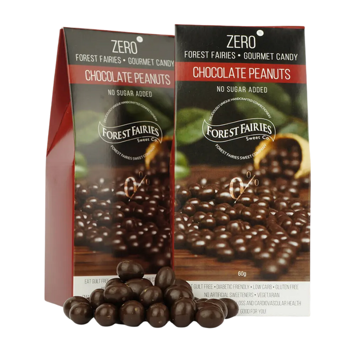 Two packages of Forest Fairies Zero Sugarfree Dark Chocolate Peanuts on a clear background