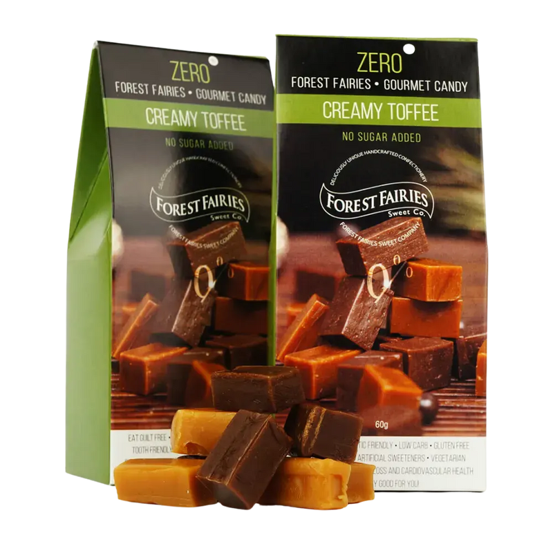 Two packages of Forest Fairies Zero Sugarfree Creamy Toffee candy on a clear background