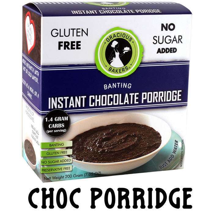 Gluten free chocolate porridge from Gracious Bakers. Sugar free, and suitable for Diabetics, banting, and keto diets