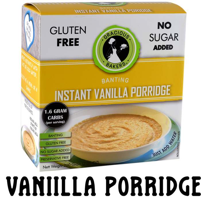 Gluten free vanilla porridge from Gracious Bakers. Sugar free, and suitable for Diabetics, banting, and keto diets