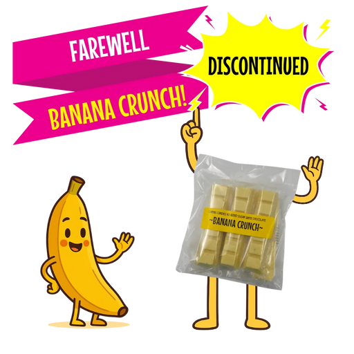 Bulk pack of 6 sugarfree white chocolate bars with banana flavoured crunch with discontinued call out text