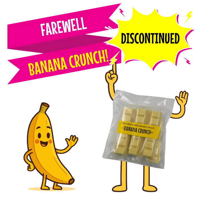 Bulk pack of 6 sugarfree white chocolate bars with banana flavoured crunch with discontinued call out text