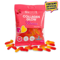 Packet of gloot sugarfree collagen glow worm gummies with red and orange glow worms scattered around the bottom of the image