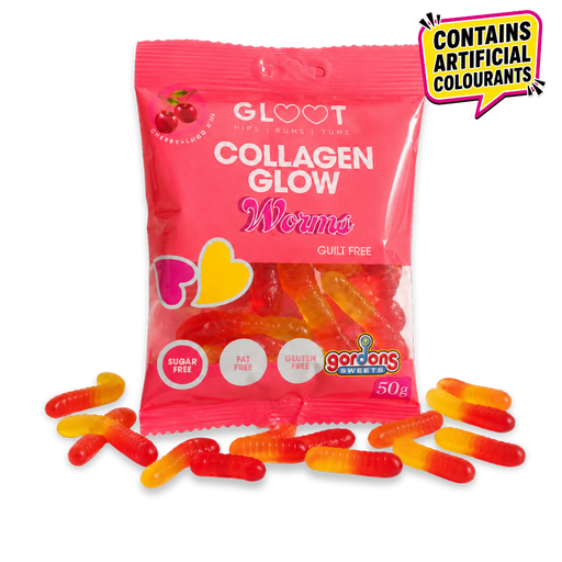 Packet of gloot sugarfree collagen glow worm gummies with red and orange glow worms scattered around the bottom of the image