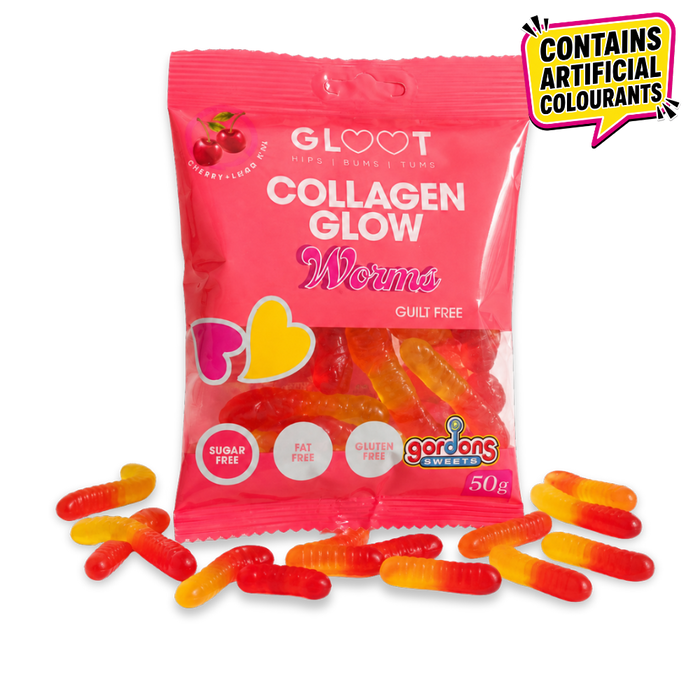 Packet of gloot sugarfree collagen glow worm gummies with red and orange glow worms scattered around the bottom of the image