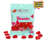 Packet of gloot sugarfree flat tummy heart shaped gummies with red heart gummies scattered around the bottom 