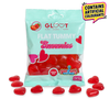 Packet of gloot sugarfree flat tummy heart shaped gummies with red heart gummies scattered around the bottom 