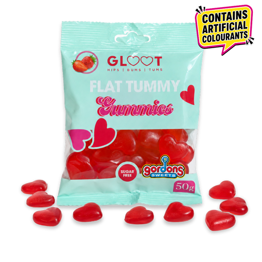 Packet of gloot sugarfree flat tummy heart shaped gummies with red heart gummies scattered around the bottom 