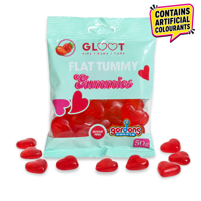 Packet of gloot sugarfree flat tummy heart shaped gummies with red heart gummies scattered around the bottom 