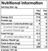 Nutritional information table for a food product with serving size, energy, protein, carbohydrates, and vitamins.