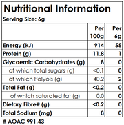 Nutritional information table for a product with serving size of 6g