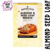 Baking premix package for glutenfree, sugarfree almond seed loaf with a picture of the loaf on a clear background