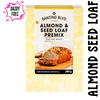 Baking premix package for glutenfree, sugarfree almond seed loaf with a picture of the loaf on a clear background