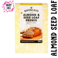 Baking premix package for glutenfree, sugarfree almond seed loaf with a picture of the loaf on a clear background