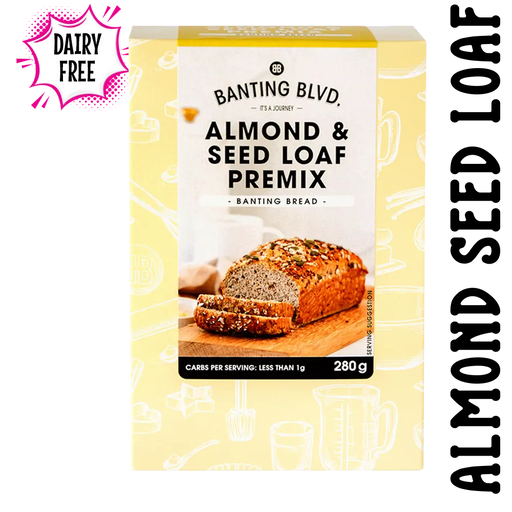 Baking premix package for glutenfree, sugarfree almond seed loaf with a picture of the loaf on a clear background