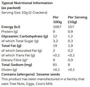Nutritional information table for crackers including energy, protein, carbohydrates, fat, fiber, and sodium content.