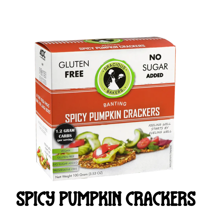 Box of Gluten free Spicy Pumpkin Seed Crackers from Gracious Bakers. Sugar free, and suitable for Diabetics, banting, and keto diets