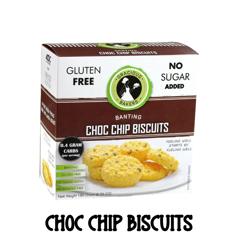 Box of sugarfree glutenfree Gracious Bakers Chocolate Chip Biscuits. Suitable for Diabetic, Keto, and Banting Eating Plans