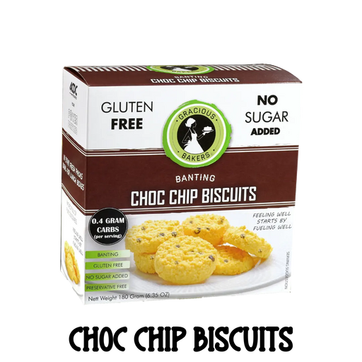 Box of sugarfree glutenfree Gracious Bakers Chocolate Chip Biscuits. Suitable for Diabetic, Keto, and Banting Eating Plans