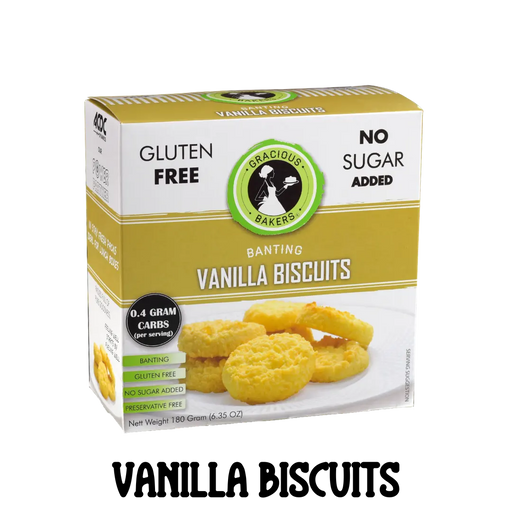 Front view of box of sugarfree and glutenfree Gracious Bakers Biscuits. Suitable for Diabetic, Keto and Banting Eating Plans