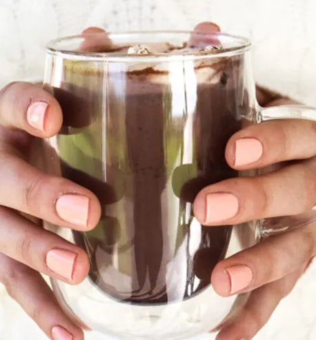 Glass of Gluten free drinking hot chocolate from Gracious Bakers. Sugar free, and suitable for Diabetics, banting, and keto diets