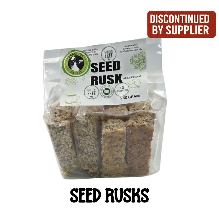 Packaged Seed Rusks with a clear front, showing the product inside, on a white background.