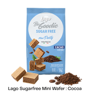 A bag of Lago Be Goodie Sugar Free Mini Party Cacao Cocoa wafers, shown with several mini wafers and cocoa powder piles on a white background.