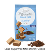 A bag of Lago Be Goodie Sugar Free Mini Party Cacao Cocoa wafers, shown with several mini wafers and cocoa powder piles on a white background.