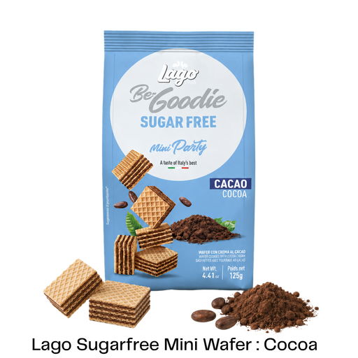 A bag of Lago Be Goodie Sugar Free Mini Party Cacao Cocoa wafers, shown with several mini wafers and cocoa powder piles on a white background.
