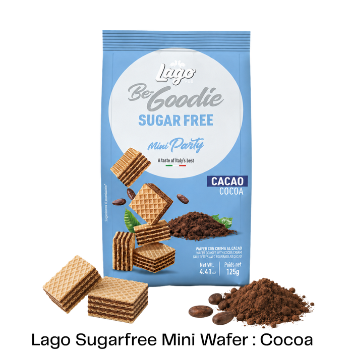 A bag of Lago Be Goodie Sugar Free Mini Party Cacao Cocoa wafers, shown with several mini wafers and cocoa powder piles on a white background.