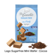 A bag of Lago Be Goodie Sugar Free Mini Party Cacao Cocoa wafers, shown with several mini wafers and cocoa powder piles on a white background.