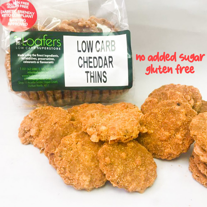 packet and display of low carb gluten free no added sugar cheddar cheese cracker snacks. Suitable for Diabetics, Keto and Banting