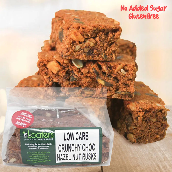 packet and display of low carb gluten free no added sugar crunchy chocolate hazelnut rusks. Suitable for Diabetics, Keto and Banting