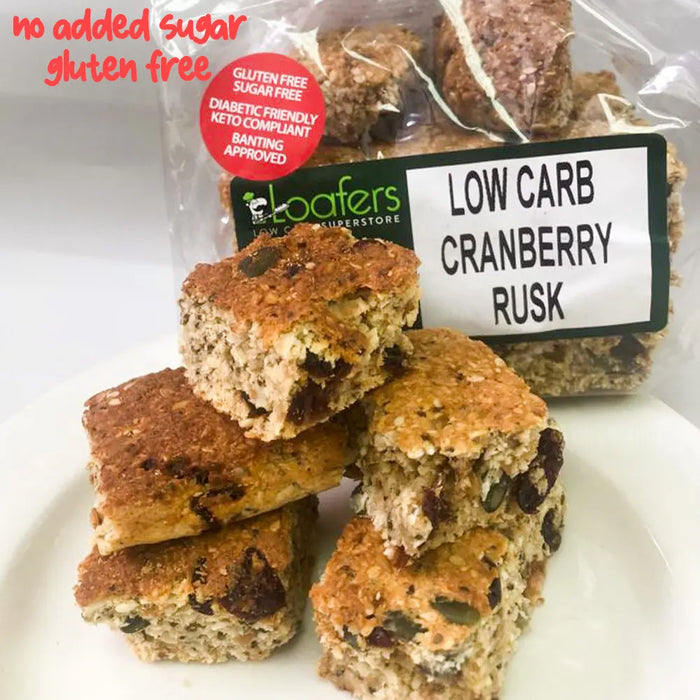 packet and display of low carb gluten free no added sugar cranberry rusks. Suitable for Diabetics, Keto and Banting