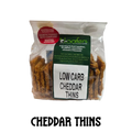 packet and display of low carb gluten free no added sugar cheddar cheese cracker snacks. Suitable for Diabetics, Keto and Banting