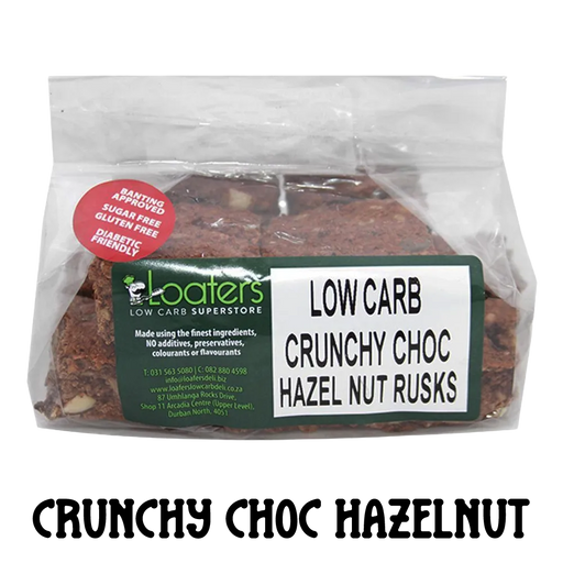 packet and display of low carb gluten free no added sugar crunchy chocolate hazelnut rusks. Suitable for Diabetics, Keto and Banting