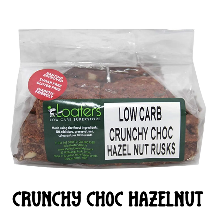 packet and display of low carb gluten free no added sugar crunchy chocolate hazelnut rusks. Suitable for Diabetics, Keto and Banting