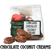 packet and display of low carb gluten free no added sugar chocolate coconut creams biscuits. Suitable for Diabetics, Keto and Banting