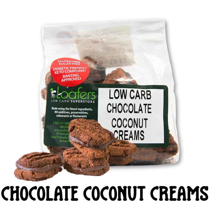 packet and display of low carb gluten free no added sugar chocolate coconut creams biscuits. Suitable for Diabetics, Keto and Banting