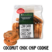 Packaged low carb coconut chocolate chip cookies with a visible brand label on a clear background.