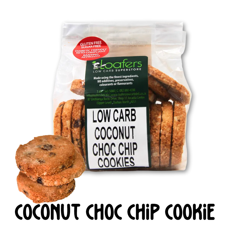 Packaged low carb coconut chocolate chip cookies with a visible brand label on a clear background.