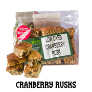 packet and display of low carb gluten free no added sugar cranberry rusks. Suitable for Diabetics, Keto and Banting