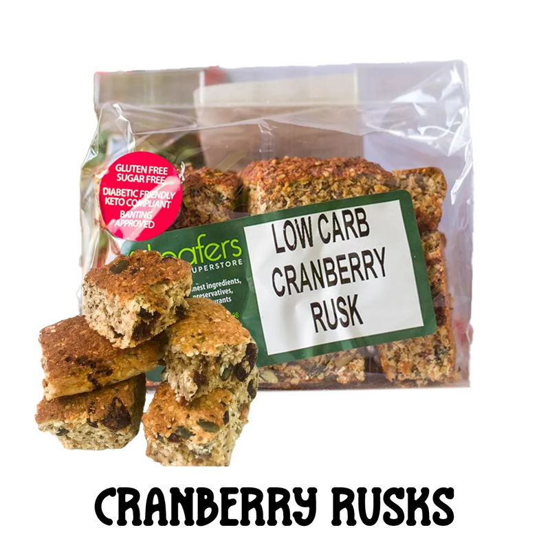 packet and display of low carb gluten free no added sugar cranberry rusks. Suitable for Diabetics, Keto and Banting