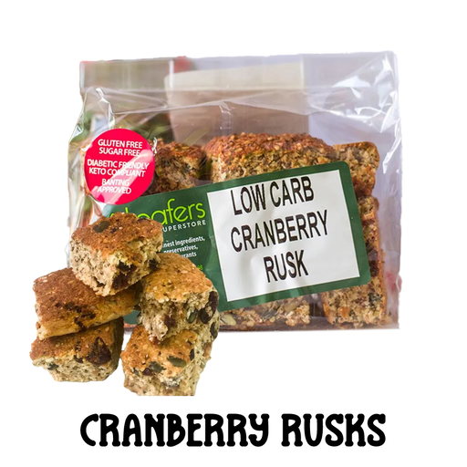 packet and display of low carb gluten free no added sugar cranberry rusks. Suitable for Diabetics, Keto and Banting