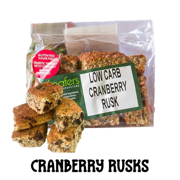 packet and display of low carb gluten free no added sugar cranberry rusks. Suitable for Diabetics, Keto and Banting