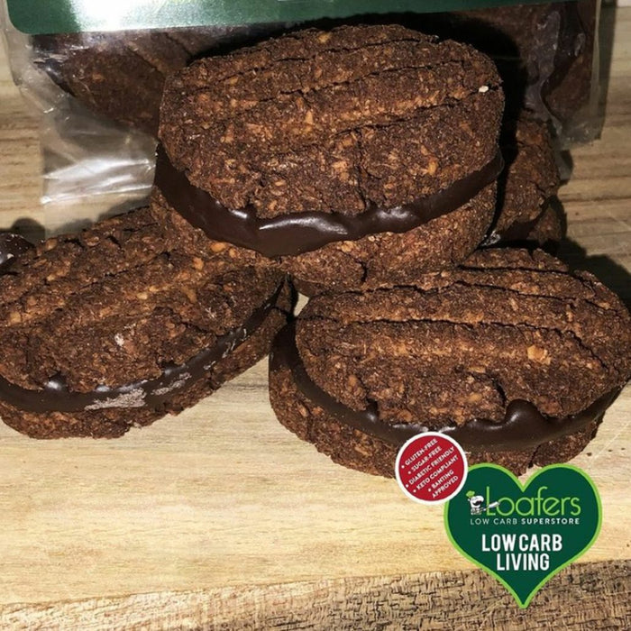 packet and display of low carb gluten free no added sugar chocolate coconut creams biscuits. Suitable for Diabetics, Keto and Banting