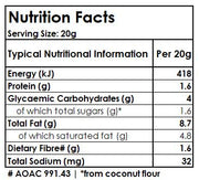 Nutrition Facts Table of Low Carb Gluten free Chocolate Coconut Creams showing Energy, Protein, Carbs, Sugars, Fat, Fibre and Sodium